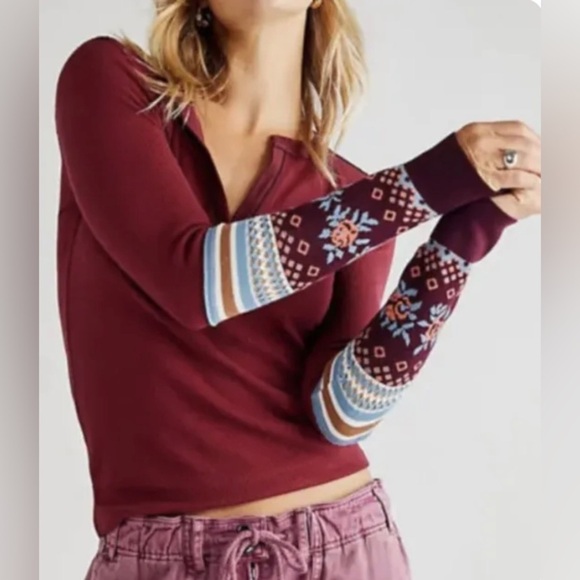 NWT Free People Mikah Layering Cuff Thermal Top 
Wine Combo Size M - Picture 1 of 14